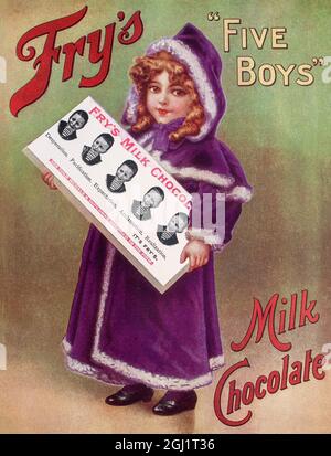 Eine Pressewerbung des frühen 20. Jahrhunderts für Fry's „Five Boys“ Milchschokolade. Stockfoto