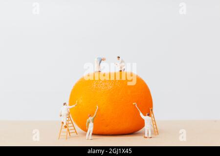 Miniaturmenschen: Arbeiter malen Farbe auf orangefarbenen Schalen , Kreatives Konzept. Stockfoto