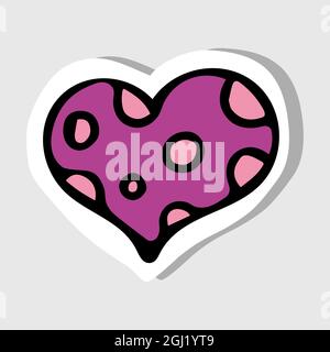 Aufkleber in Form eines rosa Herzens mit einem Ornament aus Löchern und Kreisen. Modisches Stickerdesign. Stock Vektor
