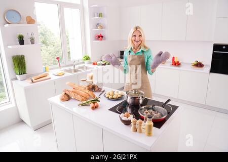 Foto von aufgeregt fröhlich gute Laune charmante Frau tragen schützen Handschuhe Kochen Frühstück Kartoffeln leckeres Mittagessen zu Hause Stockfoto