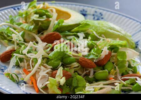 Gesunde grüne Rohkost Bio-Salat mit Avocado, Edamame-Bohnen und Mandel auf einem Teller. Salat bestehend aus Weißkohl, Karotte und Endive. Nahaufnahme Stockfoto