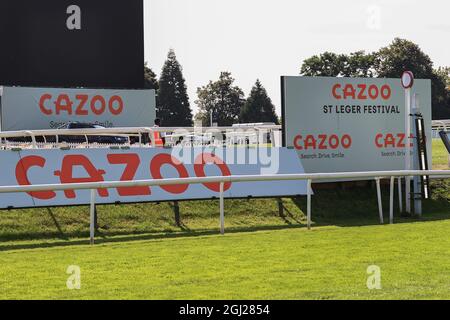 Der Cazoo-Siegerposten auf der Doncaster Racecourse, Doncaster, South Yorkshire, Großbritannien, 08 09 2021 Stockfoto