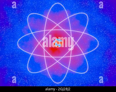 Klassisches Atom-Symbol, mit Protonen, Neutronen und Elektronen. Konzeptionelle Illustration. Stockfoto