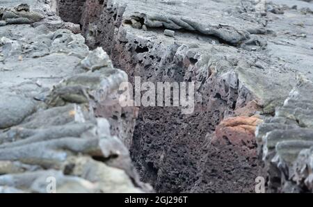 Nahaufnahme des neuen Lavafeldes des Vulkanausbruchs am Fagradalsfjall, Island Stockfoto