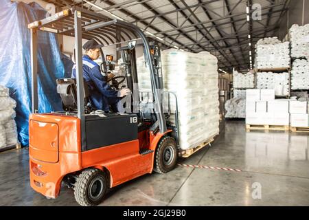 Ein Mann auf einem Gabelstapler arbeitet in einem großen Lager, lädt Säcke von Rohstoffen Stockfoto