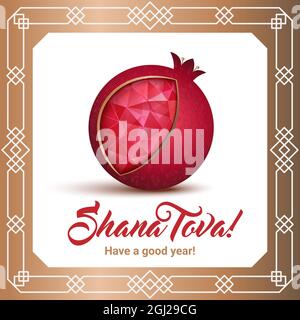 Rosh hashana Karte - Jüdisches Neujahr. Grußtext Shana tova auf Hebräisch - ein süßes Jahr. Vektorgrafik Granatapfel. Granatapfel-Symbol als je Stock Vektor