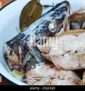 Stücke gekochter Fischhechte auf einem Teller, der natürlich aussieht. Kopf des gekochten Fisches Stockfoto