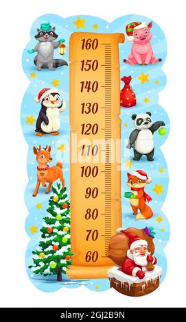 Kinder-Höhendiagramm mit Weihnachten und Neujahr Weihnachten Symbole. Kinder Vektor Wachstum Maß Meter mit niedlichen Cartoon Tiere, dekorierte Spielzeug Christma Stock Vektor