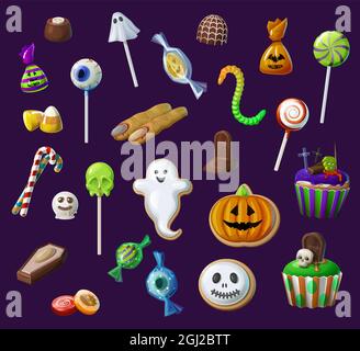 Halloween Süßigkeiten, Lutscher und Bonbons, Cupcakes, Zuckermais und Hexenfinger. Halloween gruselige Leckereien Set, gruselige Schokolade Bonbons und Kekse mit Stock Vektor