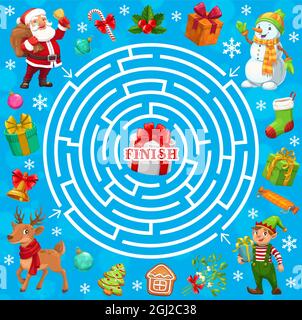 Weihnachten Urlaub Labyrinth Labyrinth-Spiel mit Vektor Santa, Weihnachten elf und Geschenke. Kinder Bildung Spiel, Puzzle oder Rätsel mit kreisförmigem Labyrinth, Claus, Rentier Stock Vektor