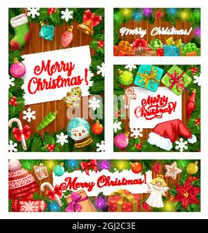 Weihnachtsgeschenke und Weihnachtsbaum Girlande Vektor-Rahmen, Winterferien Design. Geschenke, Weihnachtsglocke und Schneeflocken, Süßigkeiten Stöcke, Kugeln und Gingerbre Stock Vektor