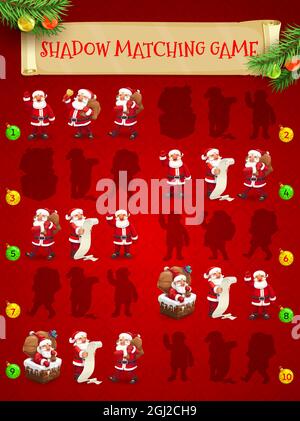 Weihnachten Spiel der Schatten mit Cartoon-Vektor Santa Claus. Kinder Puzzle, Logik Rätsel oder Bildung Arbeitsblatt Vorlage, finden richtige Silhouette Stock Vektor