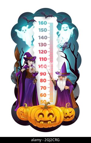 Halloween Kinder Höhendiagramm mit Cartoon-Zauberer und Hexe. Kinderwachstum messen Vektor-Skala mit Halloween-Monster, Geister und Fledermäuse, Jack o Laterne Stock Vektor