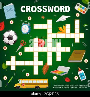 Kreuzworträtsel-Spiel, Cartoon Schule Bildung Schreibwaren, Bus und Ball, Vektor. Finden Sie Wortquiz oder Kinderrätsel, Kreuzworträtsel oder Workshee Stock Vektor