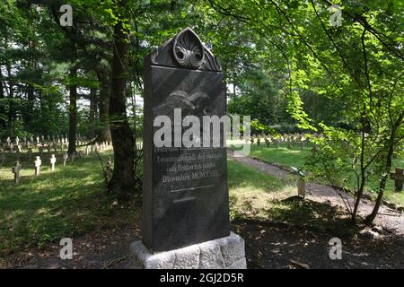 Lambinowice, Polen - 21. August 2021: Friedhof der Kriegsgefangenen aus dem ersten und zweiten Weltkrieg. Sowjetisch, deutsch, serbisch, italienisch, französisch Stockfoto