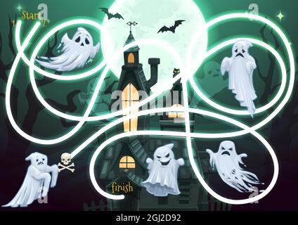 Kinder Labyrinth-Spiel mit Halloween Geister Charaktere in gruseligen verwunschenen Burg in der Nacht. Vektor Labyrinth Puzzle finden richtigen Weg Brettspiel. Untergeordnete Aufgabe Stock Vektor