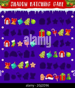 Weihnachten Geschenk Schatten passende Spiel oder Puzzle Vektor-Vorlage von Kindern Bildung Aktivität. Rätsel oder Schulbuch Arbeitsblatt mit Aufgabe der Suche und ma Stock Vektor