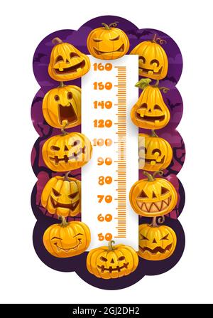 Halloween Cartoon Kürbisse Kinder Höhendiagramm. Vektor Wachstum Meter Wand Aufkleber Design mit lustigen Jack-o-Laterne Zeichen. Körpergröße der Kinder gemessen Stock Vektor