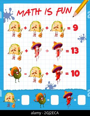 Math-Spiel Arbeitsblatt mit Catoon mexikanischen Tacos, Avocado und Chili-Pfeffer, Vektor-Bildung Labyrinth. Kinder Mathematik Puzzle mit Addition und Subtraktion von Mathematik Stock Vektor