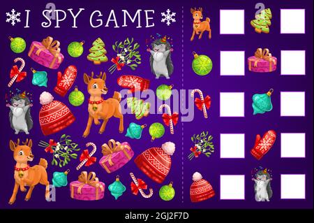 Ich spioniere Spiel oder Kinder Bildung Puzzle mit Vektor Weihnachtsgeschenke und Rentiere. Mindgame, Rätsel oder Schulbuch Arbeitsblatt Vorlage von finden und coun Stock Vektor