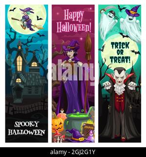 Halloween Banner, Party und Horror Nacht Monster, Trick or Treat Urlaub, Vektor. Happy Halloween gruselige Kürbis Laternen, Hexen und Monster, vam Stock Vektor