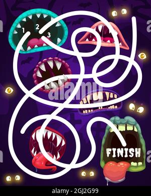 Kids Labyrinth-Spiel mit Monster Münder und Augen auf dem Friedhof. Vektor Labyrinth Puzzle finden richtigen Weg Brettspiel. Aufgabe mit verworrener Bahn und toothy Maws. Stock Vektor