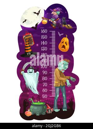 Kinder Höhendiagramm mit Cartoon Halloween Monster, Wachstumsmesser, Vektor-Hintergrund. Kinder-Größentabelle oder Baby-Maßstab mit Halloween-Hol Stock Vektor