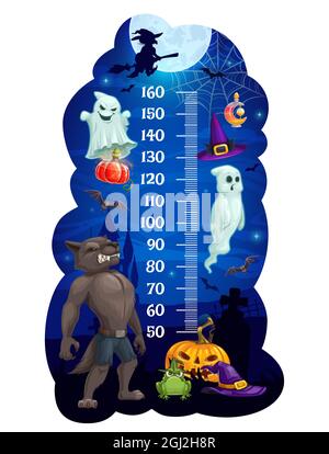 Kinder-Höhenkarte mit Halloween-Monstern, Vektor-Wachstumsmesser und Kinder-Stadion mit Linealskala. Cartoon Halloween Kürbisse, Geister, Stock Vektor