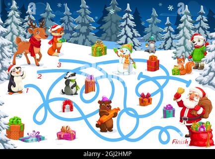 Weihnachten Spiel oder Puzzle mit Vektor-Labyrinth oder Labyrinth-Karte. Kinder Bildung Spiel, Rätsel oder Quiz finden den richtigen Weg zwischen Weihnachten Geschenke, Weihnachtsmann, Schneemänner Stock Vektor