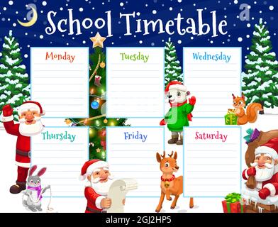 Schulplan oder Wochenplan mit Vektorhintergrund von Weihnachtszeichentrickfiguren. Stundenplan der Schüler, wöchentlicher Lernplan, Stundenplaner, Klasse Stock Vektor