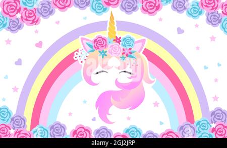Fantasy blau und rosa Hintergrund mit dem Kopf eines magischen Einhorns mit geschlossenen Augen, Regenbogen, Herzen und Sternen. Vorlage für Design und Dekoration. V Stock Vektor