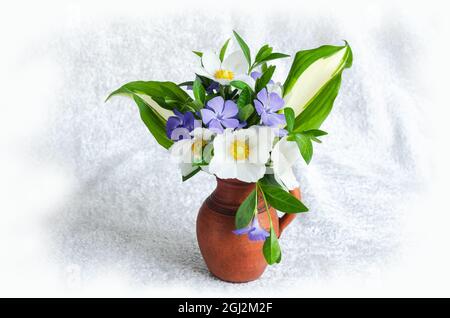 Ein kleiner Blumenstrauß aus Frühlingsblumen in einer Tonvase auf hellem Hintergrund Stockfoto