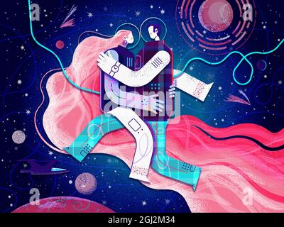 Die Astronauten von Paar, Mann und Frau umarmen sich im Weltraum, schweben in Schwerelosigkeit Stockfoto