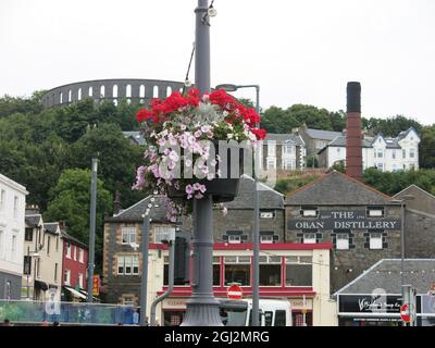 Oban ist ein beliebtes Touristenziel an der Westküste Schottlands mit lokalen Sehenswürdigkeiten wie der Whisky-Destillerie & McCaig's Tower. Stockfoto