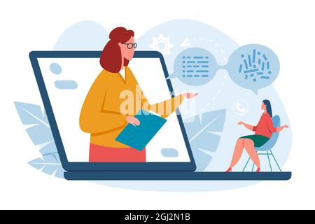 Online-Therapie, psychologische Beratung, Psychotherapie-Sitzung über das Internet. Therapeut im Video-Chat-Vektor-Konzept im Gespräch mit dem Patienten. Virtuelle professionelle Behandlungsberatung Stock Vektor