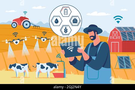 Intelligente Landwirtschaft, innovative Landwirtschaftstechnologie, Drohnen für die Landwirtschaft. Ökologische solarbetriebene Farm, Landwirtschaft Automatisierung Vektor Illustration. Überwachung von Ackerland, zukünftige drahtlose Steuerung Stock Vektor