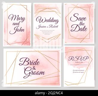 Hochzeit Einladungskarten mit Gold geometrischen Elementen und Aquarell Hintergrund. Luxuriöse minimalistische Einladungen mit polygonalem Rahmen-Vektor-Set. Save date für Hochzeit moderne Vorlage Stock Vektor