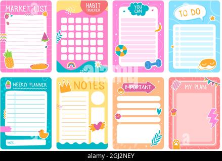 Niedliche Planner-Seiten mit Aufklebern, Notizbuch oder Tagebuchvorlage. Wochenplaner, Liste zu tun, Gewohnheit Tracker Kinder Journal Seite Design Vektor gesetzt. Planen, können Sie und plant Checkliste für den Druck Stock Vektor