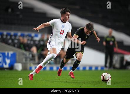 Milton Keynes, Großbritannien. September 2021. Tino Livramento (Southampton) von England U21 während des EM 2023 Qualifier International Spiels zwischen England U21 und Kosovo U21 am 7. September 2021 im Stadion:mk, Milton Keynes, England. Foto von Andy Rowland. Quelle: Prime Media Images/Alamy Live News Stockfoto