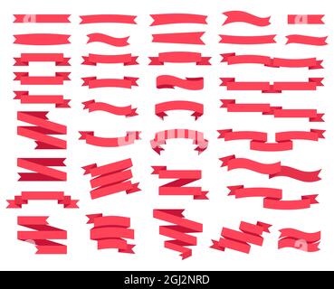Flaches rotes Band, Retro-Etiketten, Anhänger und Flaggen. Vintage-Band, Urlaub Geschenk-Tag, Banderole, Band dekoratives Design Element Vektor-Set. Werbung kurvige leere Bänder für die Förderung Stock Vektor