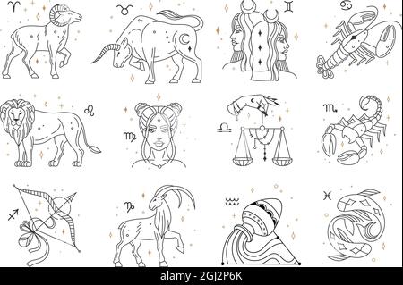 Horoskop Sternzeichen, Astrologie Konstellationen Symbole. Löwe, fische, steinbock, waage, Krebs, sternzeichen-Vektor-Set schütze. Handgezeichnete Himmelssymbole isoliert auf Weiß Stock Vektor