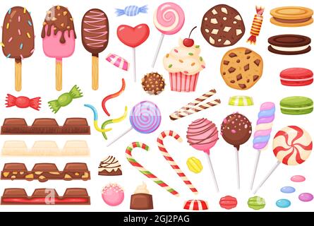 Cartoon Bonbons, Süßigkeiten, Desserts, Lutscher, Schokolade. Süßigkeiten, Cupcake, Macaron, Eis, Gelee-Wurm. Süße Süßwaren Dessert Vektor-Set. Kekse und Muffins für die Süßigkeitenbar isoliert auf Weiß Stock Vektor