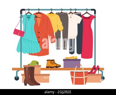 Kleidung, die auf dem Regal hängt, Kleiderstange mit legerer Damenbekleidung. Mode Mädchen Kleiderschrank, weibliche Kleidung auf Kleiderbügel Vektor-Illustration. Bekleidung als Kleid, Mantel, Hose und Accessoires Stock Vektor