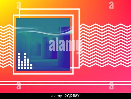 Zusammensetzung des Frequenzmessers auf einem unscharfen blauen Quadrat mit weißen Zickzacklinien und Quadraten auf rosa Stockfoto
