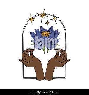 Vintage Mystic Hände und Lotusblume blühen im Bogen mit Sternen Stock Vektor