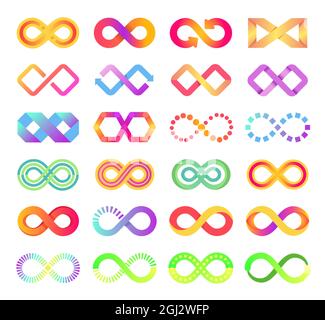 Symbol für unendliche Farbe, Logo für unendliche Schleife. Bunte endlose Pfeilketten Zeichen, abstrakte Ewigkeit Logo, endlose Zyklus Symbole Vektor-Set. Futuristisches, grenzenloses Business-Emblem oder -Logo Stock Vektor