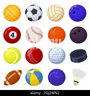 Cartoon Sportbälle, verschiedene Sportspiele Ausrüstung. Fußball Volleyball Golf Fußball Baseballball Billard Cricket, Rugby Hockey Vektor-Set. Werkzeuge für Hobby und Unterhaltung isoliert Stock Vektor