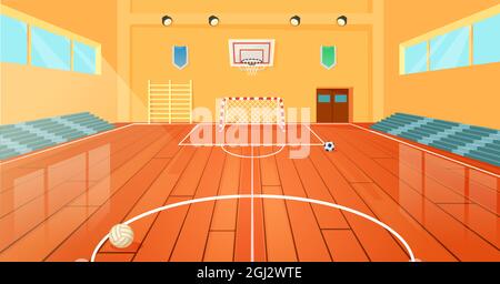 Cartoon-Schule Basketballhalle, Indoor-Sportplatz. Leeres Universitätsgymnasium mit Basketballkorb und Vektorgrafik für Sportgeräte. College Turnhalle für Fitness mit Bänken Stock Vektor