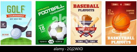 Poster zu Sportspielen, Flyer zur Ankündigung von Basketball-Playoff-Spielen. Golf, Fußball, Baseballsport Werbeplakate Vektor-Template-Set. Championship Werbebanner oder Broschüren Stock Vektor