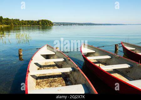 Ruderboote auf dem Starnberger See in Bayern Stockfoto